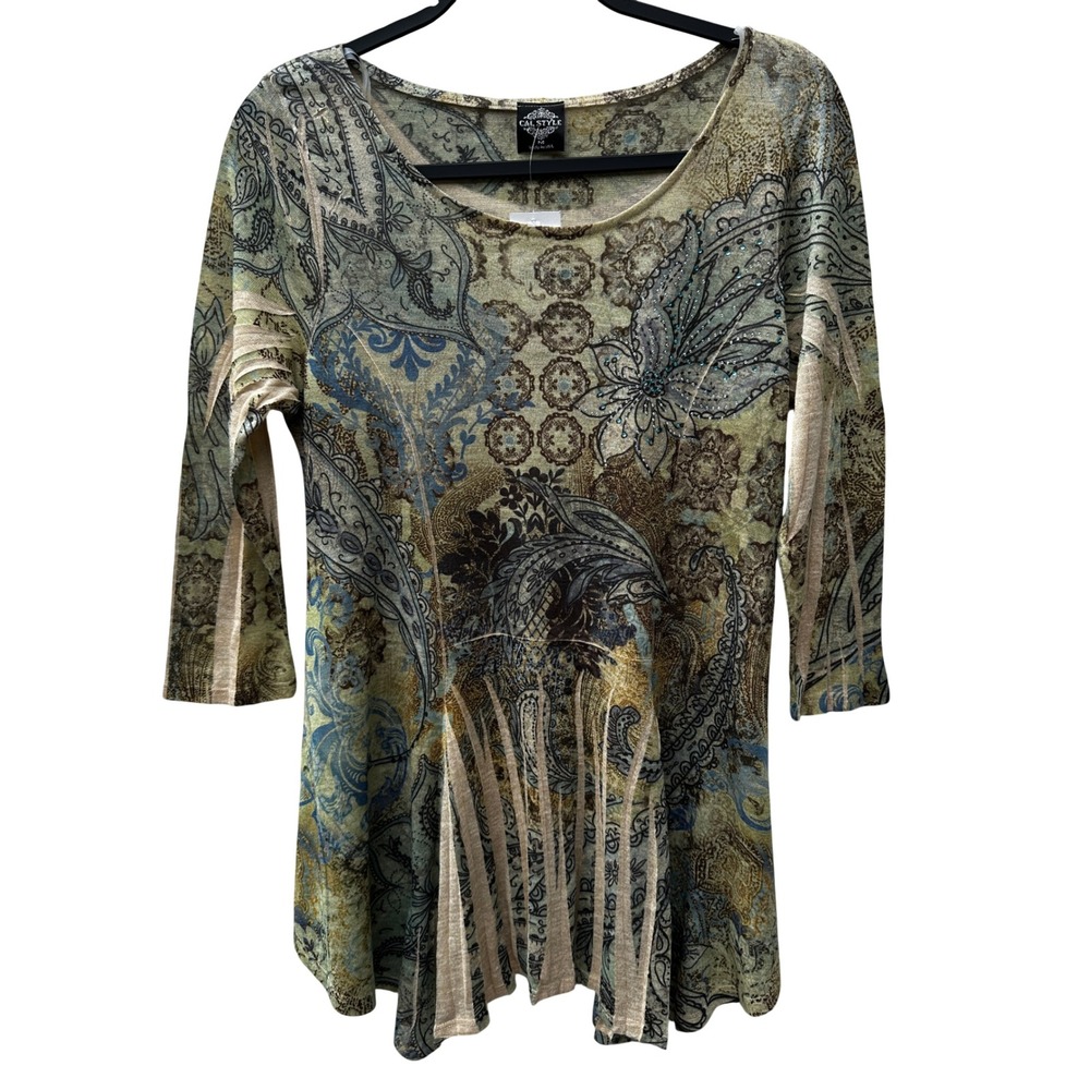 Cal Style Vtg Womens Paisley Rhinestone Tunic Top Green Brown Medium USA